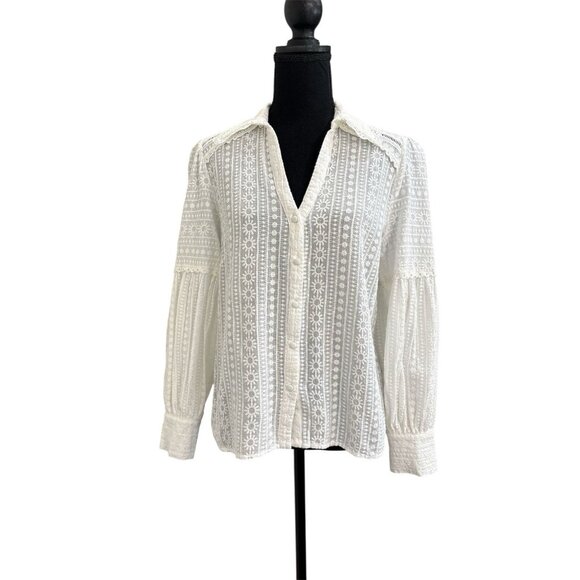 Sonder Studio Women’s White Button Down Embroidered Boho Blouse Size 10 - Picture 1 of 7